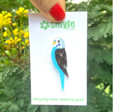Load image into Gallery viewer, Blue Budgie pin  Made in Australia from recycled acrylic, Smyle Designs