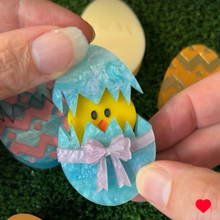 Load image into Gallery viewer, Eggs Cracked - Blue Glitter Pattern  Brooch  By Martini Slippers *INTERACTIVE BROOCH*