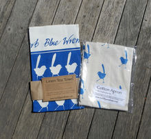 Load image into Gallery viewer, Blue Wren Print on Cotton Drill Apron + Linen Tea Towel set. made in Australia