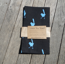 Load image into Gallery viewer, Blue Wren Print on black Linen Tea Towel made in Australia