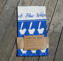 Load image into Gallery viewer, Blue Wren Print on white Linen Tea Towel Made in Australia