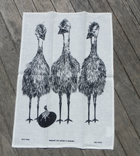 Load image into Gallery viewer, Emu Family Print White Linen Tea Towel Made in Australia