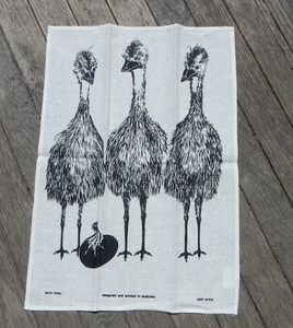 Emu Family Print White Linen Tea Towel Made in Australia