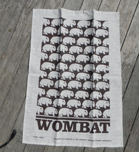 Load image into Gallery viewer, A Wombat Brown Print on Natural Linen  tea towel made in Australia
