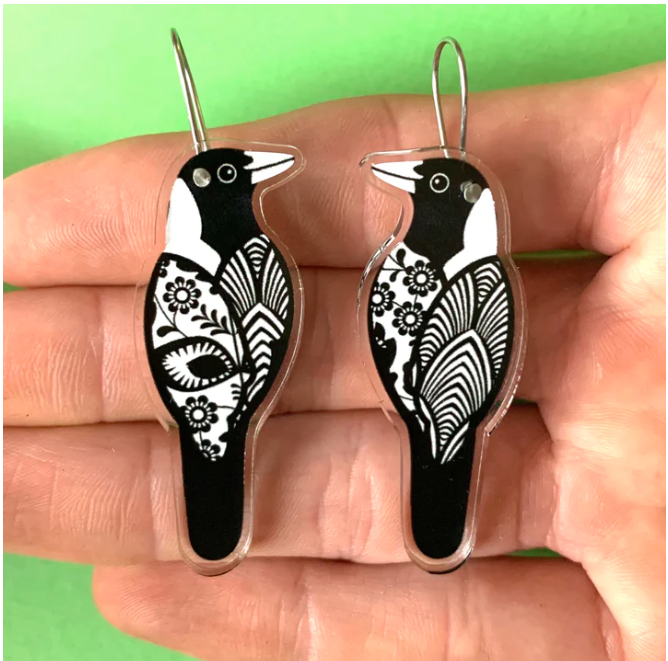 Magpie Earrings Made in Australia from recycled acrylic Smyle Designs Rocklily Wombats