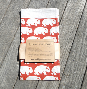 A Wombat Print Red Earth on white Linen Tea Towel made in Australia