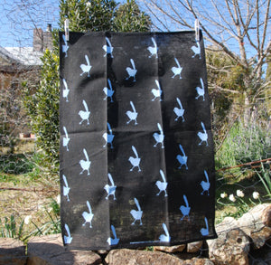Blue Wren on black Linen Tea Towel