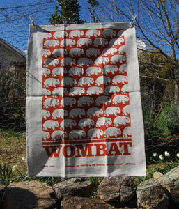 Wombat tea towel natural linen red earth print
