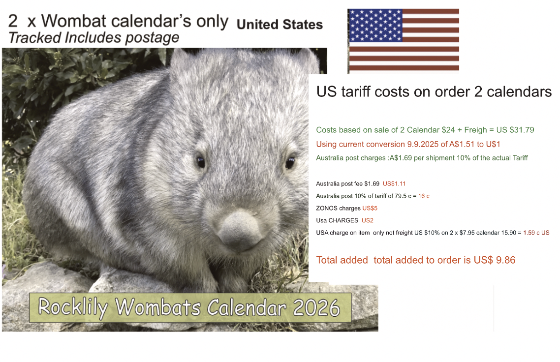 2 X 2026 ROCKLILY WOMBATS CALENDAR ONLY  includes Postage, 10% Tariff, SOME FEES, awaiting one more fee to add per parcel