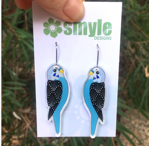 Blue Budgie Earrings  Made in Australia from recycled acrylic, Smyle Designs