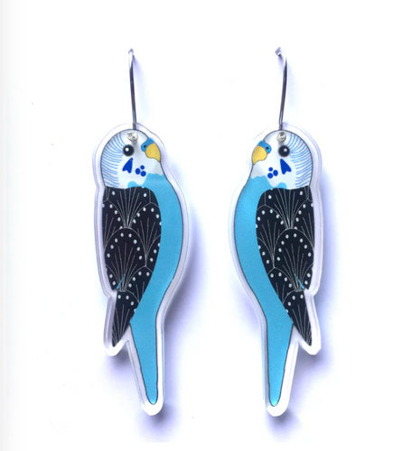 Blue Budgie Earrings  Made in Australia from recycled acrylic, Smyle Designs