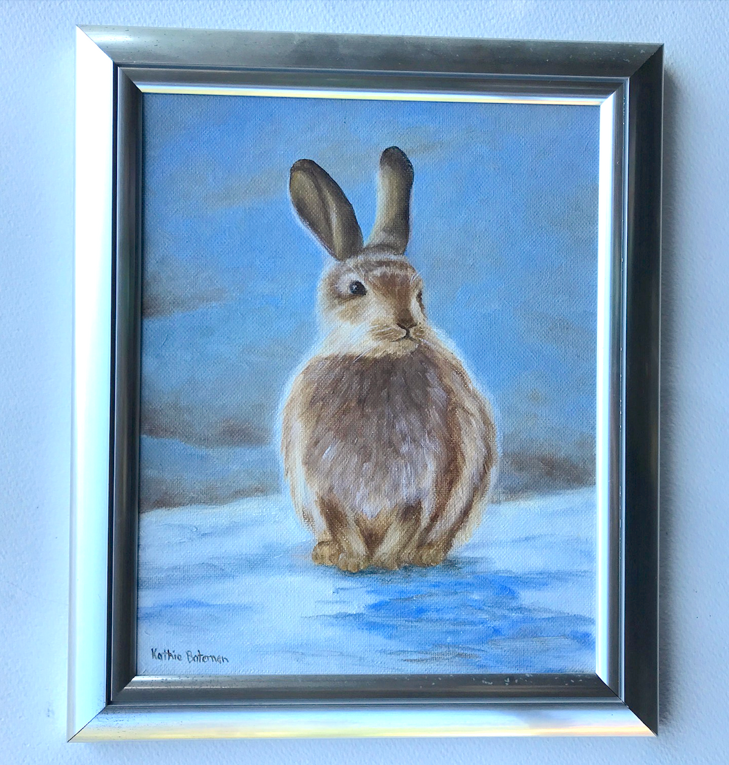 Bunny in the snow 30 x 24 cm Original  Oil Framed by Kathie Bateman Includes Aust shipping