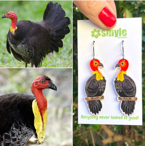 Bush Turkey earrings made  in Australia from recycled Acrylic,  by Smyle Designs