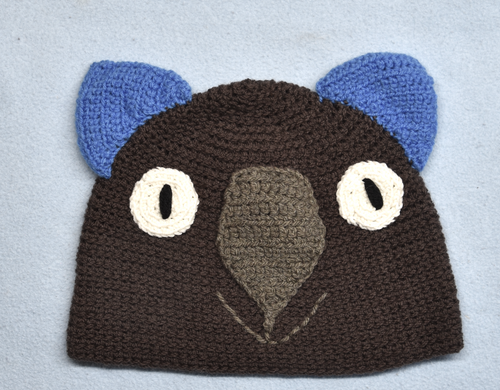 L. Wombat Beanie, hat  100% WOOL Most Adults Women & smaller men: Dk Chocolate, Blue ears