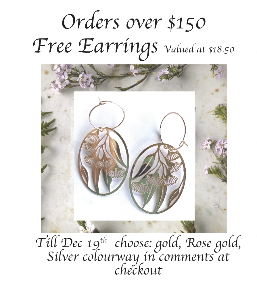 Free Earrings for orders over $150 till 19 December. Postage not included. Choose your colourway at checkout