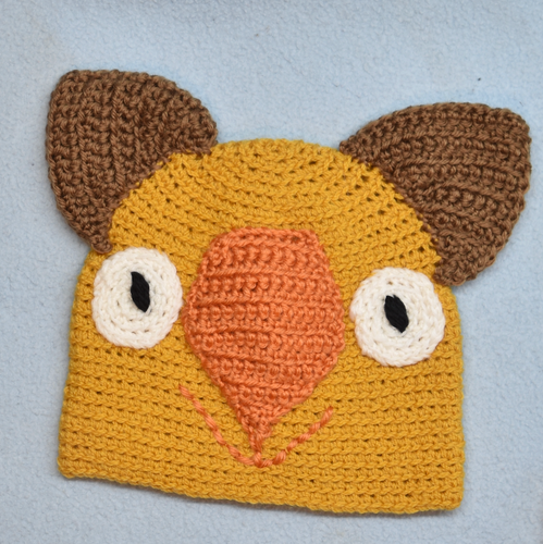 C 2 - 6. Wombat Beanie, hat  100% Wool Child 2 - 6 yrs Gold, orange chocolate