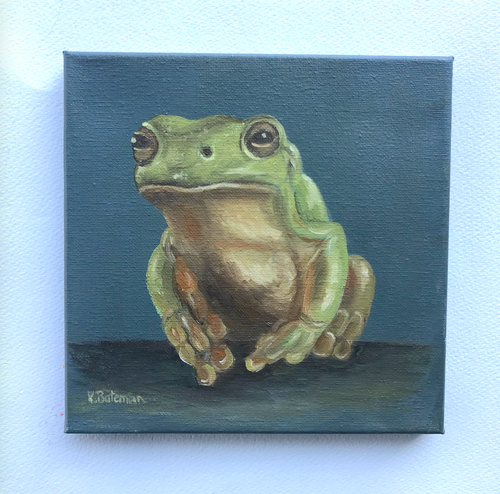 Green Tree Frog on canvas  20 cm x 20 cm  Original Oil by Kathie Bateman Includes Aust shipping