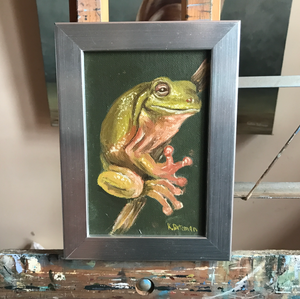 Green tree frog silver frame  13 x 18 cm Oil by Kathie Bateman Includes Aust shipping