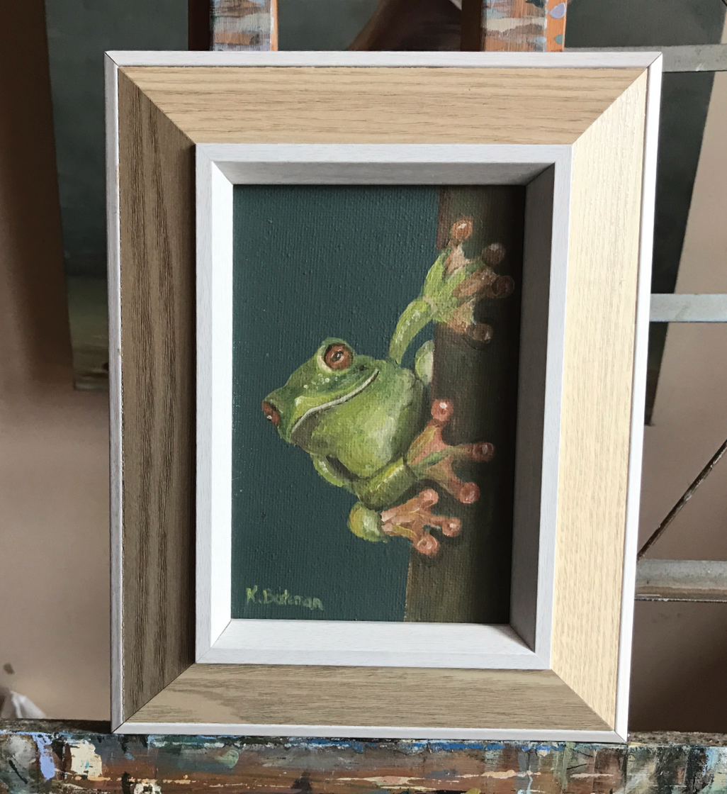 Green tree frog wood frame 17 x 22cm  Oil by Kathie Bateman Includes Aust shipping