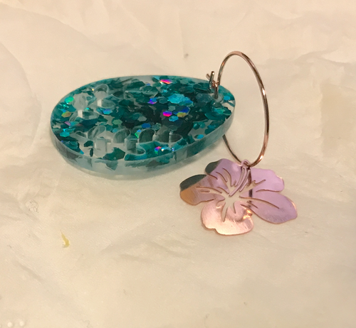 Rose gold Hibiscus Teal Bauble  with leaf cut outs.  rose gold  Hoops  Stainless  Hoops By Dianna
