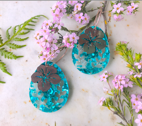 Rose gold Hibiscus Teal Bauble  with leaf cut outs.  rose gold  Hoops  Stainless  Hoops By Dianna