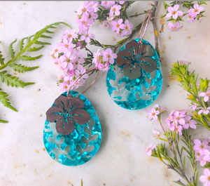 Rose gold Hibiscus Teal Bauble  with leaf cut outs.  rose gold  Hoops  Stainless  Hoops By Dianna
