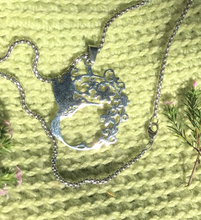 Load image into Gallery viewer, Humming Bird + blossom necklace Silver colour: Fun and Affordable. high quality Hypo allergic stainless steel.  Parts Made in China No shipping to US due to tarrifs