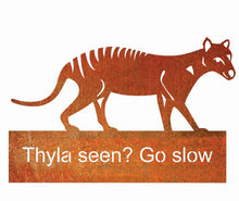Load image into Gallery viewer, A Thylacine, Tasmanian tiger  SMALL Rusted Garden Art  By Dianna at Rocklilywombats   Includes postage in Aust. International freight extra we can quote