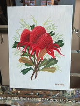 Load image into Gallery viewer, Waratah&#39;s  with light grey background 25 x 30 cm Original Oil painting by Kathie Bateman Includes Aust shipping.