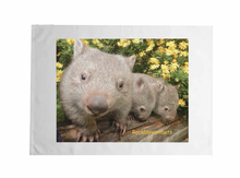 Load image into Gallery viewer, A Jeffery white claw, Bushy &amp; Pinki wombat tea towel 50% linen 50% cotton printed in Australia  for Rocklilywombats