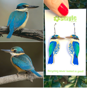 Kingfisher "sacared' earrings made  in Australia from recycled Acrylic,  by Smyle Designs