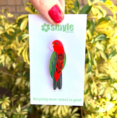 King Parrot Pin made  in Australia from recycled Acrylic,  by Smyle Designs