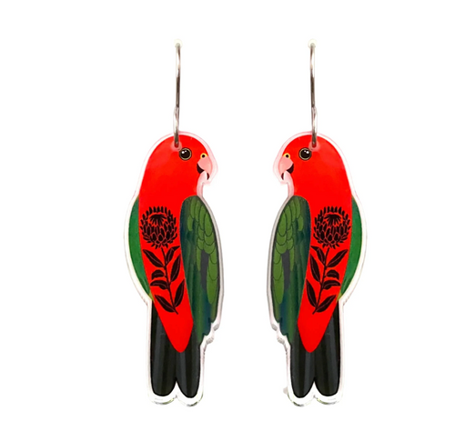 King Parrot earrings made  in Australia from recycled Acrylic,  by Smyle Designs