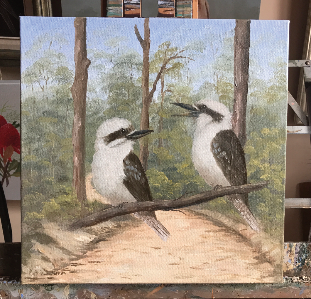 Kookaburras 30 x 30 cm Original Oil painting by Kathie Bateman Includes Aust shipping.