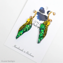 Load image into Gallery viewer, Baby Boris the Budgie HOOPS,  EMERALD  GLITTER By Lunar Deesigns