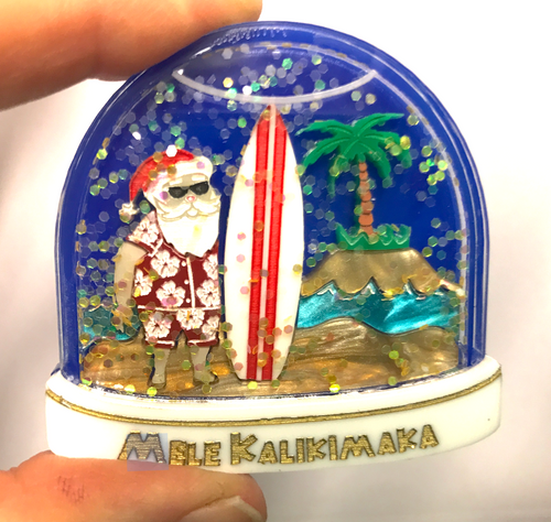 Summer Santa Snowglobe surfer  Brooch By Martini Slippers Mele Kalikimaka is the thing to say