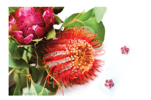 Flower PINK earrings on Bottle brush gift card,  Lunar Deesigns