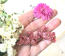 Load image into Gallery viewer, Bunny chunky rose gold pink glitter double sided Hoops By Dianna