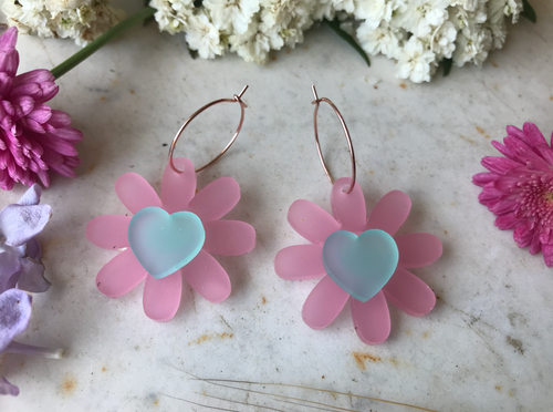 Daisy showing some love in  frosted Pink Hoops  Gold  Hoops By Dianna (Copy)
