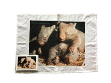 Load image into Gallery viewer, A Bushy, Pinki &amp; Chilli wombat tea towel 50% linen 50% cotton printed in Australia  for Rocklilywombats