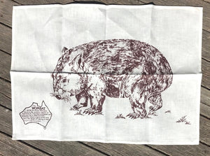 A Wombat  Brown Print Single wombat print white Linen Tea Towel made in Australia