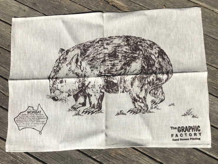 A Wombat  Brown Print  wombat print Natural Linen Tea Towel made in Australia