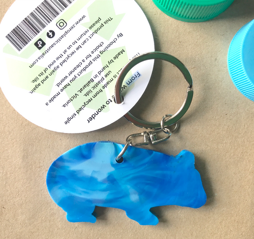 A Wombat  Key Ring Sky Blue  Made from Drink bottle lids in Australia