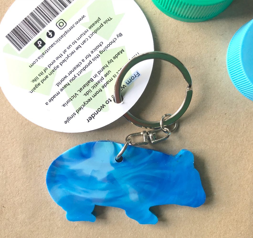 A Wombat  Key Ring Sky Blue  Made from Drink bottle lids in Australia