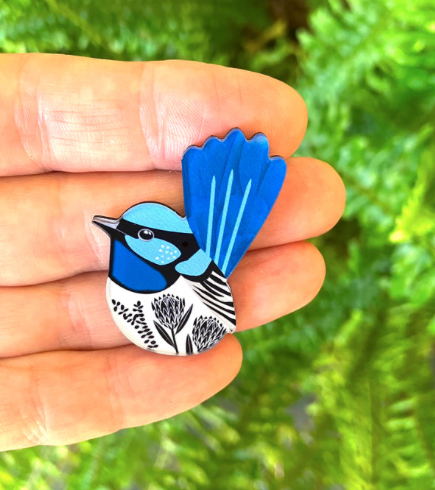 Blue Fairy Wren Pin Made in Australia from recycled Acrylic, Smyle Designs