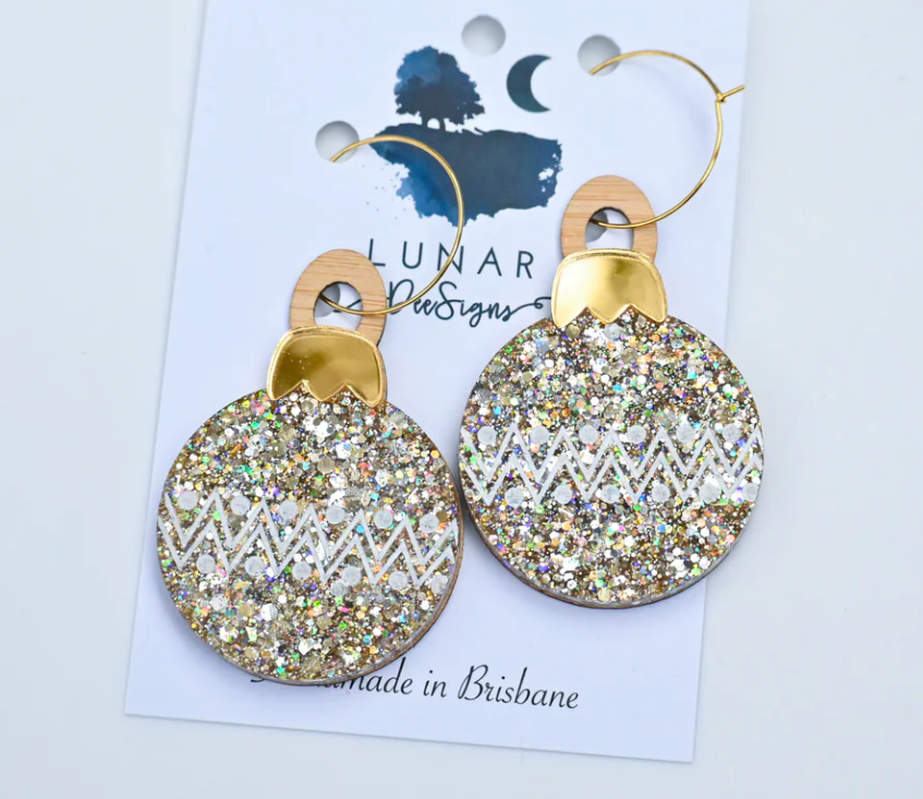 Party Bauble  -  LARGE-  Gold Sparkle - Hoops   By  Lunar Deesigns