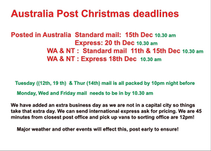 EXPRESS POST IS BEST, mail is slow and would not mail standard now AUSTRALIA POST CHRISTMAS DEADLINES. Aust post are experiencing  high parcel volumes we recommend express post.