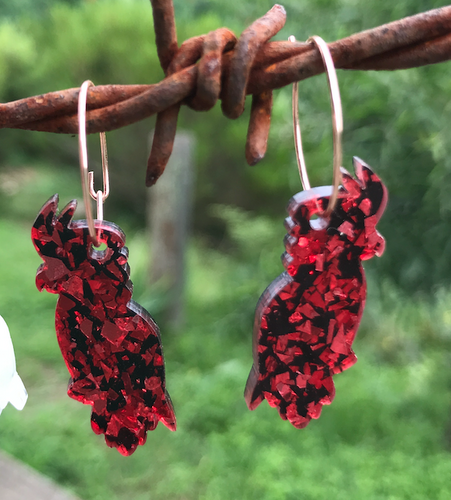 Cockatoo Red and Black Glitter with Stainless steel  Hoops By Dianna