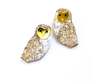 Brad the Barn Owl  Studs GLITTER VERSION,  Lunar Deesigns