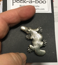 Load image into Gallery viewer, Platypus Brooch Pewter Antique Silver Plated Top View: Peek-a-Boo